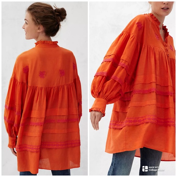 Anthropologie Jacqueline Orange Embroidery Tunic Top Size XL - Picture 2 of 16